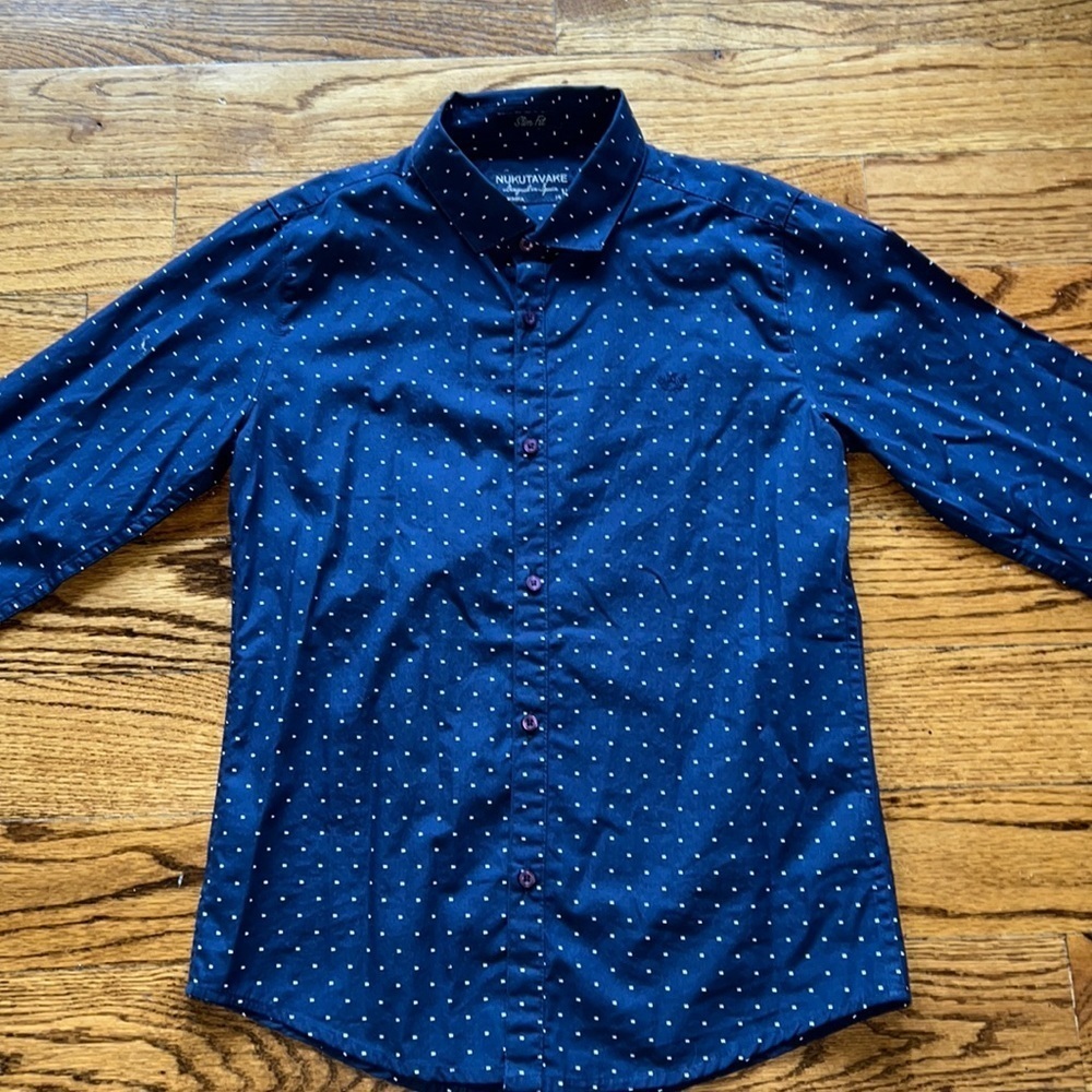 Boys long sleeved button down shirt in blue with white dot print EUC